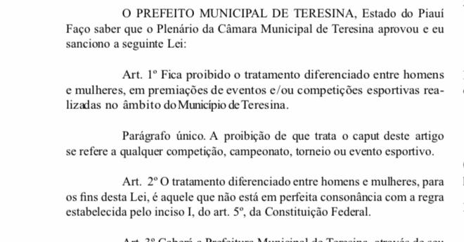 Entra em vigor lei que proíbe diferença de premiação para mulheres em Teresina